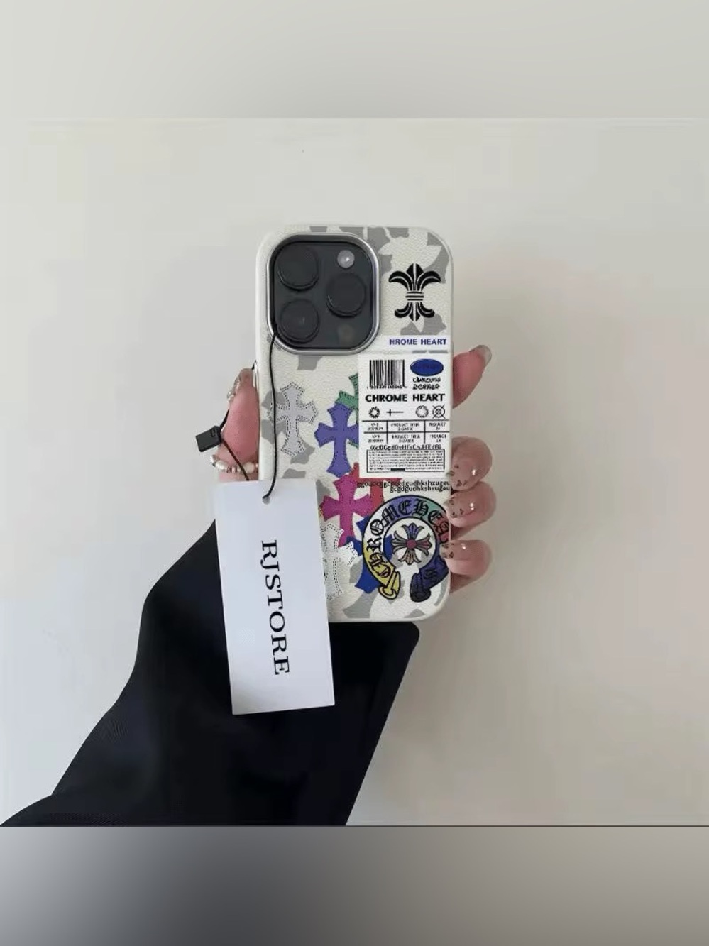 Chrome Hearts White iPhone Case with Purple & Pink Cross Accents